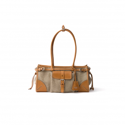 PRADA BONNIE MEDIUM LINEN AND LEATHER HANDBAG 1BA426 (32*15.5*12cm)